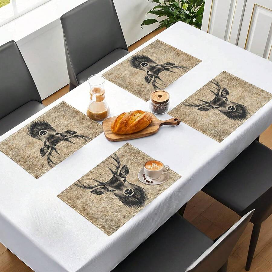 1pc/4pcs/6pcs Deer Head Printed Linen Placemats, Suitable For Dining Table, All Season Decor, Modern Washable Table Mats, Room Decor, Coasters, Kitchen Dining Mats, Indoor Outdoor Party Decoration, Home Decor, Ideal Gift - Multicolor - View 1