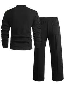 男士休闲运动圆领长袖运动衫套装 - 黑色 - 查看 2