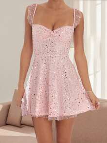 Women Slip Dress, Sleeveless Backless Tie-Up Shiny Sequins A-Line Dress Summer Mini Dress - 粉色 - 查看 3