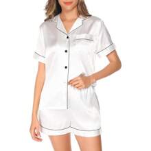 Womens Silk Pajamas, Short Sleeve Satin 2 Piece Pj Sets Button-Down Sleepwear Loungewear Pjs Shorts Set S-XXL - 白色 - 查看 7