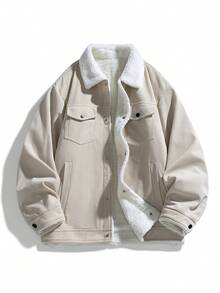 Áo khoác dài tay bằng vải nhung kẻ dành cho nam, áo khoác động ngoài trời lót giữ nhiệt với cổ bẻ. - Màu be - Xem 1