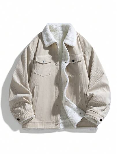 男士灯芯绒长袖夹克，户外保暖内衬工作服夹克，翻领