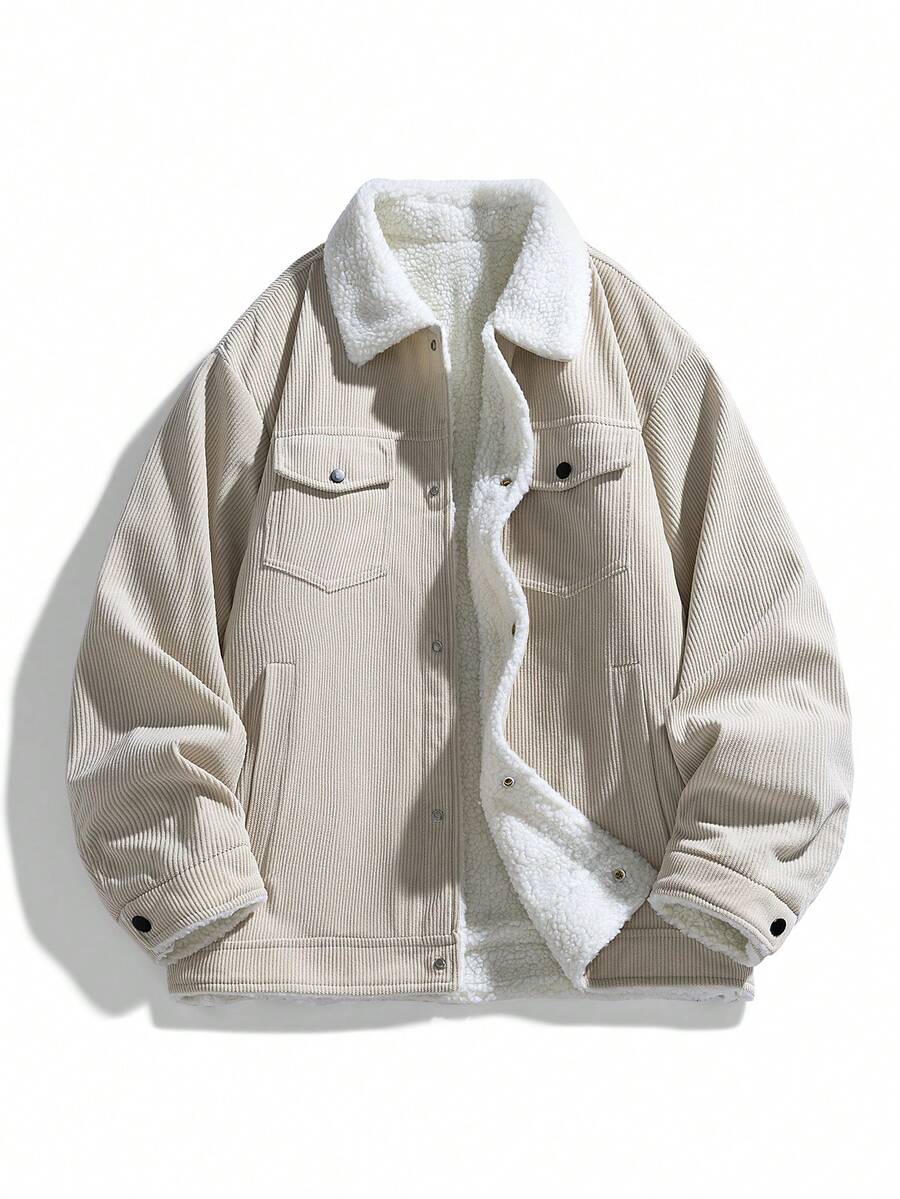 Áo khoác dài tay bằng vải nhung kẻ dành cho nam, áo khoác động ngoài trời lót giữ nhiệt với cổ bẻ. - Màu be - Xem 1