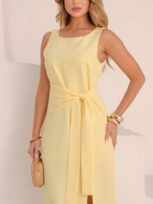 Women's Dress With Sophisticated Fit And Front Knot Knot Knot At The Front - 奶油黃 - 查看 4