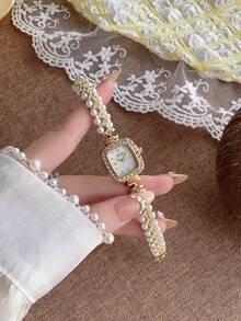 1 pieza Reloj de mujer cuadrado con perla/Reloj minimalista dorado con esfera pequeña para uso diario y regalo/Boda/Fiesta