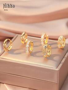 3 pares de aros geométricos vintage huecos y redondos con circonitas de cobre. Pendientes clásicos de una sola hilera con circonitas brillantes doradas. Pendientes decorativos para mujer. Regalo navideño. Juego de pendientes azul marino. - azul real - Ver 2