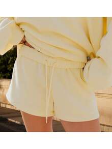 Women Athletic Shorts Loose Fit Solid Color Drawstring Sweatshorts For Yoga Running - 黃色 - 查看 5