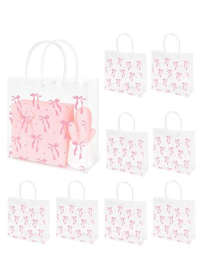 10 piezas Bolsas de regalo de PVC transparente con lazo rosa (por set con asa), bolsas de regalo de cumpleaños, boda y fiesta con estampado de lazo rosa, bolsas de regalo de fiesta de cumpleaños con tema de lazo rosa, bolsas de embalaje transparente para fiesta de 1er cumpleaños, bolsas de obsequio, bolsas de regalo para fiesta, baby shower, día de la madre, San Valentín, decoración de revelación de género, bolsas de PVC reutilizables (Lazo rosa coqueto)
