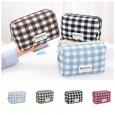 Lattice Plaid Cosmetic Bag Zipper Waterproof Makeup Pouch Large Capacity Polyester Toiletries Bag