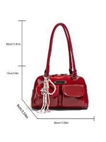 1件 CHAIKA & KILTER 女士纯色亮面PU皮革单肩包，时尚多口袋大容量波士顿保龄球包，带拉链封口，适合日常和户外使用（附赠吊坠） - 酒紅色 - 查看 3