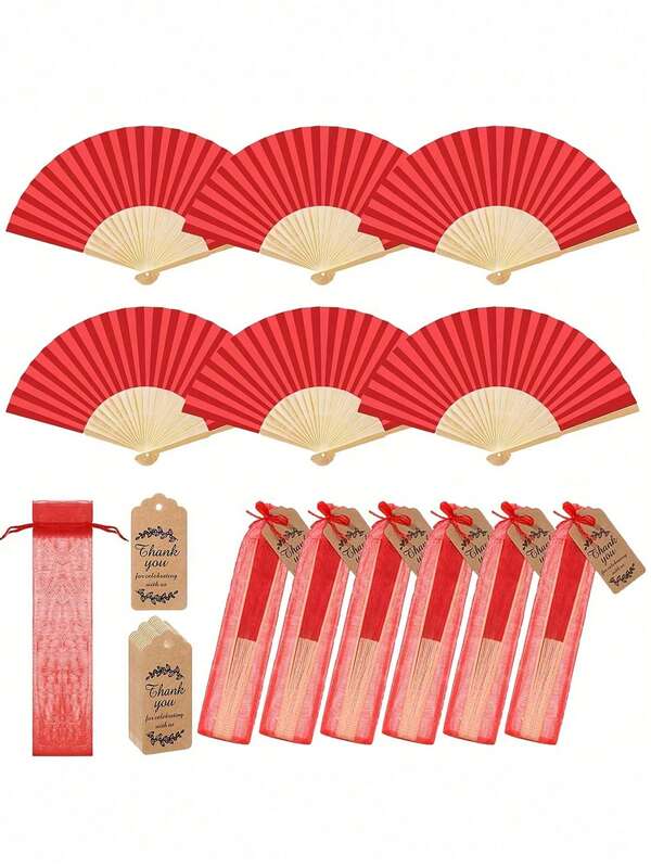 3/15/30pcs/Set Red Wood Folding Fan With Gift Bag Thank You Card Set, Thank You Cards, Bridal Bamboo Handheld Folding Fan, Single Party Wedding Bride Shower Decorations, Bridesmaid Bamboo Handheld Folding Fans, Single Party Photo Props,Bridesmaids Gifts And Wedding Decorations, Perfect Wedding Gifts, Wedding Decoration, Very Suitable For Parties And Events, Perfect Summer Accessories, Women's Folding Fan
