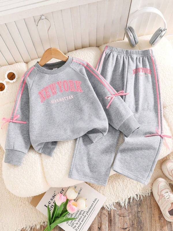 Tween Girl Letter Graphic Print Crew Neck Sweatshirt And Pants Set