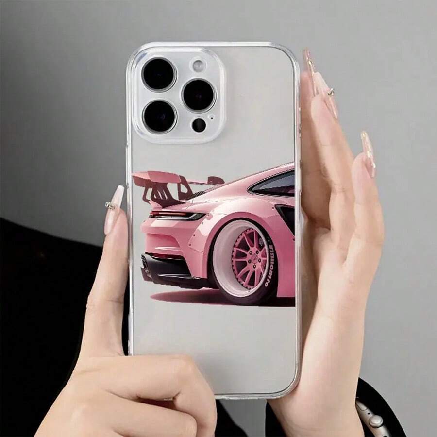 1pc Transparent Shell Lens Protection Pink Racing Car Pattern Anti-Fall Anti-Slip Soft Phone Case Cover Compatible With Apple 16/15/14/13/12/11 Pro Max/7/8 Plus, Galaxy And Other Models