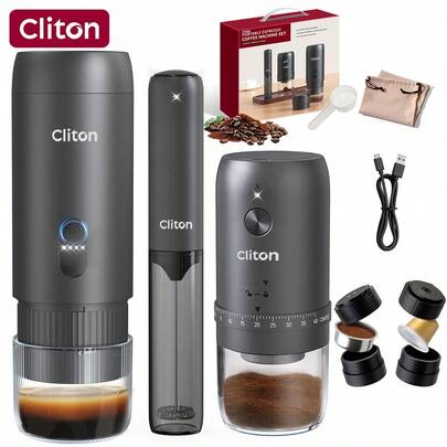 CLITON 三合一高级便携式咖啡套装：可充电意式咖啡机 + 电动咖啡研磨机 + 奶泡器 - 完整的露营和旅行套装，精美礼盒包装，适合度假、厨房和咖啡爱好者