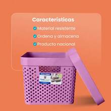 Caja almacenamiento 17 litros con tapa diseño minimalista moderna organizador plástico resistente almacenaje hogar contenedor hermético apilable multiusos para casa oficina - Lila Púrpura - Ver 7