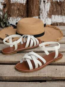 2025 Sandálias Femininas Planas Confortáveis de Cor Sólida com Bico Redondo, Moda Versátil com Tiras Cruzadas, Novos Sandálias Casuais de Verão com Tiras Abertas e Leves