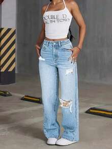 Women's Fashionable Water-Washed Distressed Wide Leg Jeans - Blue and White - View 2