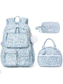 School Backpack For Girls Boys - 3PCS Corduroy Kids Backpack Set With Lunch Box & Pencil Pouch, Lightweight Teen Girls School Bag Laptop Bag Travel Daypack For Elementary Middle High School Student Back To School Bookbag Set - Blue Floral - 查看 1