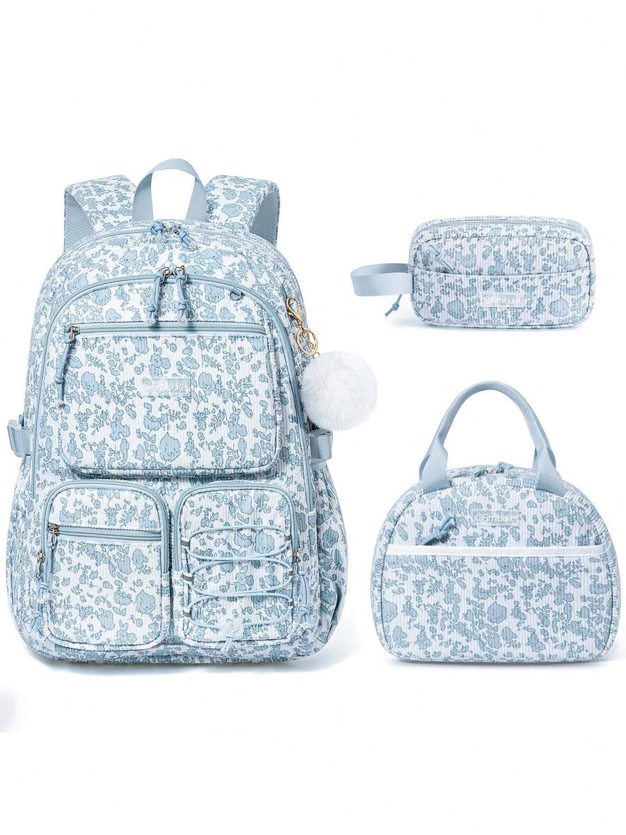 School Backpack For Girls Boys - 3PCS Corduroy Kids Backpack Set With Lunch Box & Pencil Pouch, Lightweight Teen Girls School Bag Laptop Bag Travel Daypack For Elementary Middle High School Student Back To School Bookbag Set - Blue Floral - 查看 1