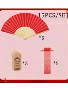 3/15/30支/套红木折扇，含礼品袋和感谢卡，新娘竹扇，单身派对婚礼新娘礼物，伴娘竹扇，单身派对拍照道具，伴娘礼物和婚礼装饰，优雅婚礼礼物，婚礼装饰，适合派对和活动，夏季配饰，女士折扇 - 紅色 - 查看 9