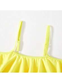 Traje de baño para niñas, traje de baño halter amarillo con tirantes ajustables, estampado de limón fresco, bikini con hombros descubiertos, traje de baño de dos piezas para niñas. - Amarillo - Ver 2