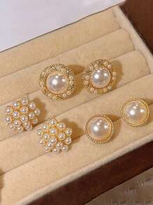 12pcs/6pcs/2pcs Set Vintage Elegant Bohemian Style Metal Multi-Element Baroque Faux Pearl Enamel Cat Eye Stone Bright Gold Square Stud Earrings, Minimalist Chic Luxury Versatile Earrings Suitable For Women, Men, Girlfriends, Vacation, Party, Wedding, Daily Matching, Ideal Gift For Valentine's Day, Mother's Day, Anniversary