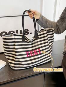 1pc Customized Striped Canvas Tote Bag, Printable With Your Name, Large Capacity Commuter Handbag, College Style Fits A4 Textbooks, Thick Canvas Anti-Wrinkle, Suitable For Office Ladies, Mothers, Beach Trips, Christmas Gift - Black and White - View 1
