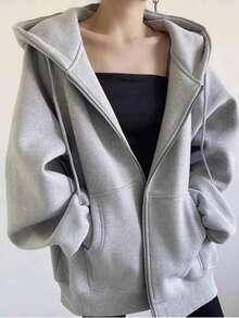 Women's Hooded Sweatshirt With Zipper Closure - Light Gray - View 2