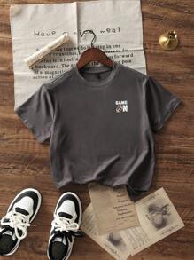 Tween Boys Students Casual Printed Round Neck Short Sleeve T-Shirt, Summer Top - Dark Grey - View 4