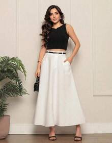 Women's Long Round Skirt Tailored Oxford Fashion Evangelical Casual Basic Winter High Waist Elegant - 白色 - 查看 1