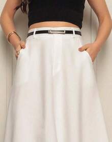 Women's Long Round Skirt Tailored Oxford Fashion Evangelical Casual Basic Winter High Waist Elegant - 白色 - 查看 2
