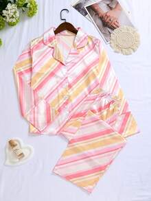 女士条纹印花翻领长袖上衣和松紧腰七分裤两件套，秋季服装 - 彩色 - 查看 2