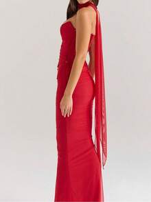 Sheath Top Lace Up Hanging Neck Slim Package Hip Skirt Dresses Dresses Party Prom - Đỏ - Xem 3