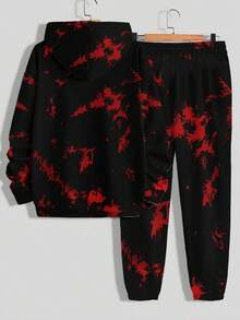 Conjunto de sudadera con capucha y pantalones con estampado de contraste negro y rojo para hombres, conjunto de sudadera con capucha y pantalones con estampado gráfico de sonrisa malvada para hombre de manga larga casual, conjunto de chándal con capucha para hombres para deportes, entrenamiento, ocio, versátil para primavera y otoño