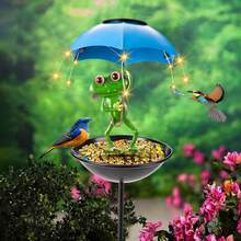 Solar Bird Feeder Frog Garden Decor,Outdoor Solar Lights Frog Figurine Lights With Umbrella, Hummingbird Feeder Decorative Path Lights,Yard Art Ornament,Weatherproof Outdoor Garden Gift - 綠色 - 查看 5