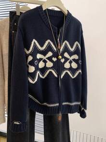 JIANHU Cozy Zip-Up Knit Cardigan For Fall/Winter, Featuring Festive Nordic-Inspired Pattern With Heart & Bow Details, Ideal For Casual Layering And Holiday Gatherings, Stylish Yet Comfortable For Your Everyday Look.