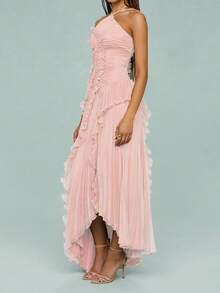 Y2k Ruffle Long Dress For Women Halter Backless Irregular Hem Ruched Boho Maxi Dress - 藕粉色 - 查看 3