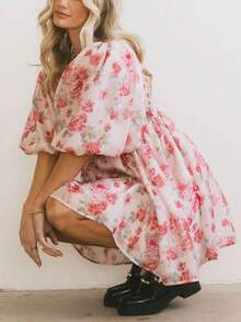 Women's Floral Short Dress Fall Puff Sleeve Open Back Low Cut A Line Dress Y2K Square Neck Flowy Dress For Going Out Party Club Streetwear - 粉色 - 查看 4