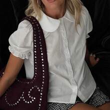 Women's Preppy Short Sleeve Blouse, Peter Pan Collar Button Down Shirt For Office Work, Casual Commute College Outfits, Summer TopButton Down Shirt - Long Sleeve Loose Fit Casual Blouse, Lightweight Breathable - 白色 - 查看 4