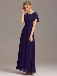 Fall Women's Elegant Crew Neck Empire Waist Pleated Chiffon Purple Glum Bridesmaid Dress Formal Dress - Purple - View 3