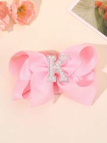 1 pièce Bandeau à nœud large de couleur unie élégante de la lettre A à Z, convient aux filles et aux bébés, serre-tête nœud perle doux, accessoire cheveux en satin, décoration de cheveux à la mode - Rose bonbon - Voir 25