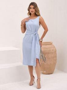 Women's Dress With Sophisticated Fit And Front Knot Knot Knot At The Front - 寧靜藍 - 查看 3
