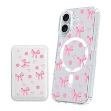 [Magnetic Mobile Phone Case + PU Leather Magnetic Phone Card Holder]  For Sam Galaxy S22 S23 S24 FE Ultra S25 Edge Transparent Wireless Charging, Cherry, Bow, Heart, Dot And Floral Design Cellphone Protective Cover For IPhone 17 Air 16 15 14 13 12 11 Plus Pro X XS Max Compatible With MagSafe - 蝴蝶結豹紋和櫻桃色 - 查看 5
