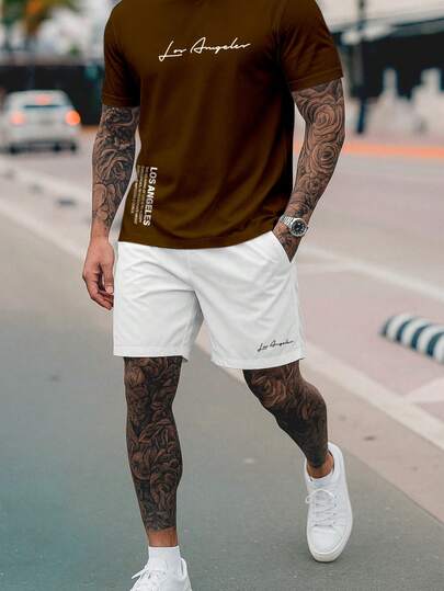 Kit Camiseta Masculina Algodão Los Angeles Lateral 26.1 Short Tactel Streetwear Conjunto