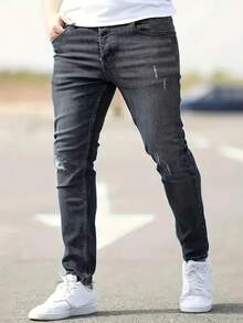 Pantalones vaqueros elásticos ajustados para hombre, pantalones vaqueros ajustados. - Gris - Ver 5