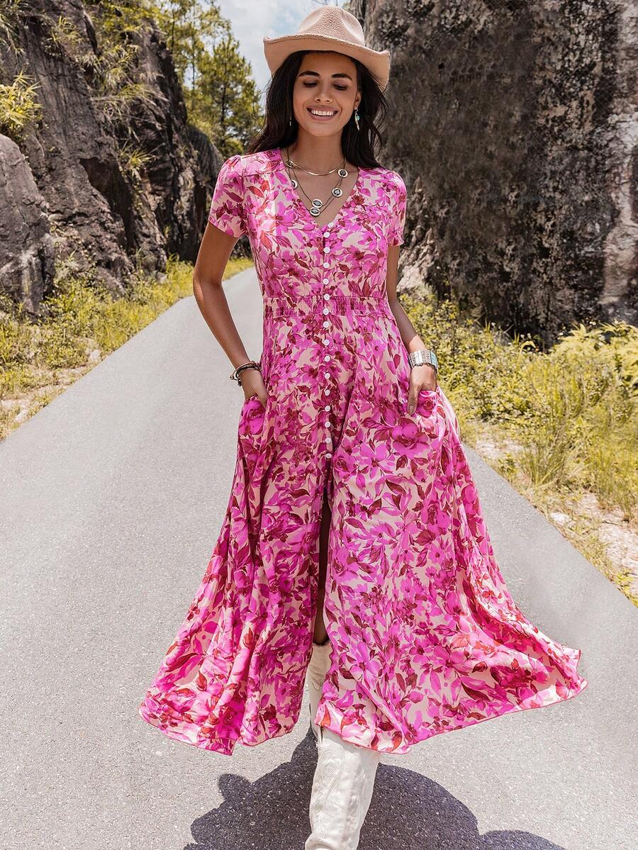 Rusttydustty 波西米亚风女士多色印花V领优雅口袋连衣裙,适合夏季派对、音乐节、婚礼季、海滩度假等场合。 - 粉色 - 查看 1