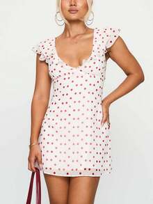 Women Y2k Dot Print Tank Mini Dress Flying Sleeve V Neck Ruffle Hem Bodycon Short Dress Summer Backless Slim Fit A-Line Going Out Dresses For Daily Party Club Wear - trắng - Xem 3