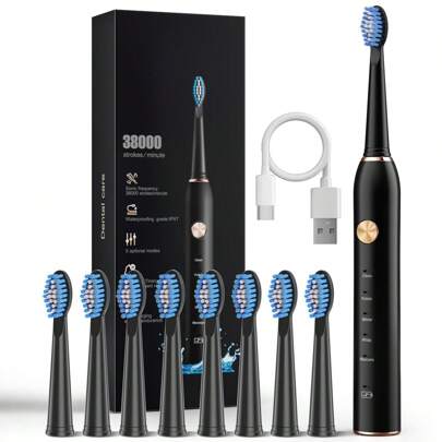 Tooth And Gum Care Electric Toothbrush, Adult Electric Toothbrush, Smart Cleaning And Whitening, Fast Charging, Long Lasting, With Smart Time Reminder, 5 Optional Modes, Eight Brush Heads, Easy To Carry For Travel And Home, Black