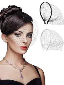 1pc Vintage Headband With Veil, Bridal Tea Party Headpiece, Women Rhinestone & Pearl Hair Hoop, Elegant Decor For Holiday, Halloween Party - Multicolor - View 2
