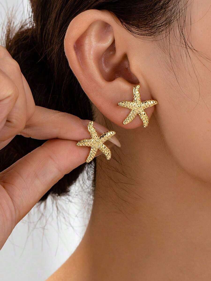 1 Pair Geometric Pearl & Starfish Stud Earrings - A - Xem 1